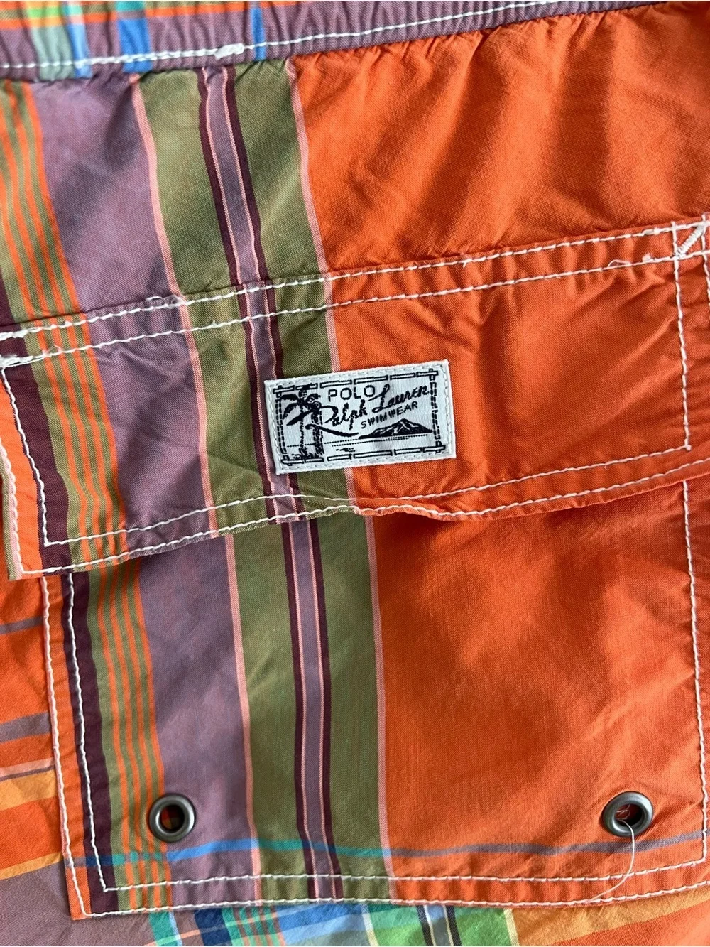 Polo by Ralph Lauren Orange Plaid Swim Shorts with Multicolor Stripes Large